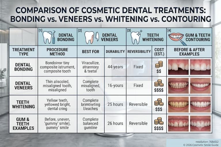 comparison chart of bonding vs veneers vs whitening vs contouring