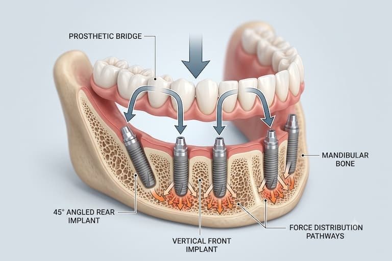 illustration of angled rear implants and vertical front implants distributing bite force